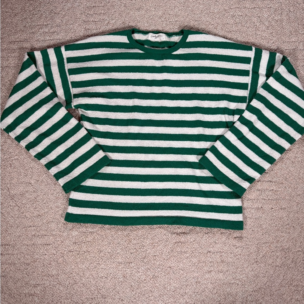 Carly Jean Los Angeles Striped Green & White Sweater • Size Small • Crew Neck
